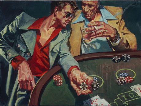 An Educated Guess. Two men playing blackjack. One holding chips the other smoking