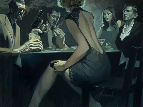 Back By Gabe Leonard Women pulling gun from under the table at a poker game. Noir style, cigertes smoking